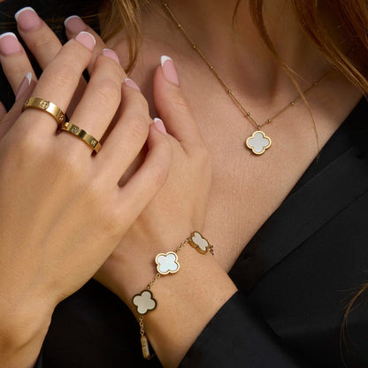 Lucky Leaf Pearl Necklace + Bracelet 14k Gold Signature Set