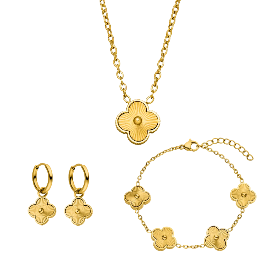 Lucky Leaf Necklace + Bracelet + Earrings 14k Gold Signature Set