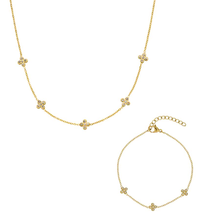 Pavé Flora Necklace + Bracelet 14k Gold Signature Set