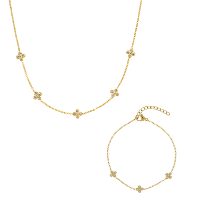 Pavé Flora Necklace + Bracelet 14k Gold Signature Set